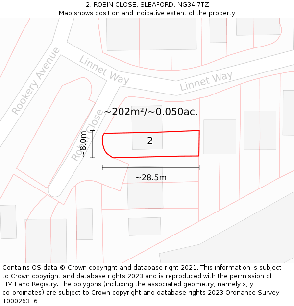 2, ROBIN CLOSE, SLEAFORD, NG34 7TZ: Plot and title map