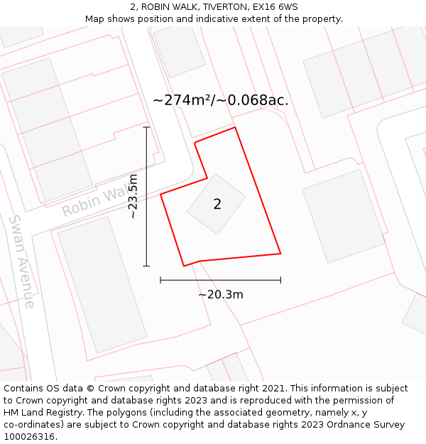 2, ROBIN WALK, TIVERTON, EX16 6WS: Plot and title map