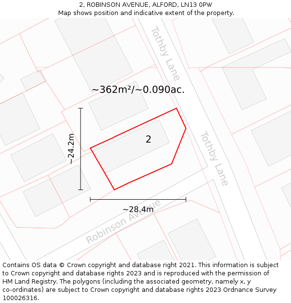 2, ROBINSON AVENUE, ALFORD, LN13 0PW: Plot and title map