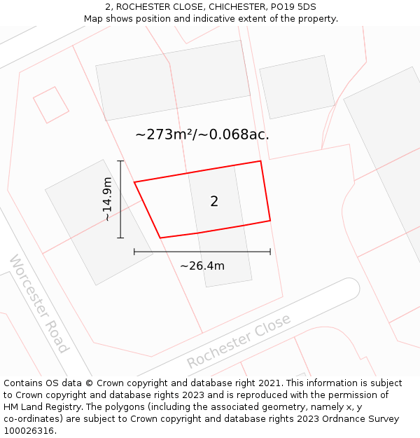 2, ROCHESTER CLOSE, CHICHESTER, PO19 5DS: Plot and title map