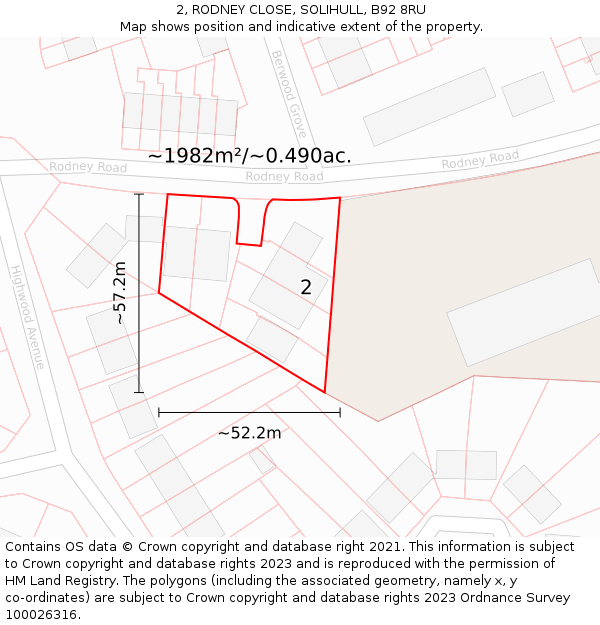 2, RODNEY CLOSE, SOLIHULL, B92 8RU: Plot and title map