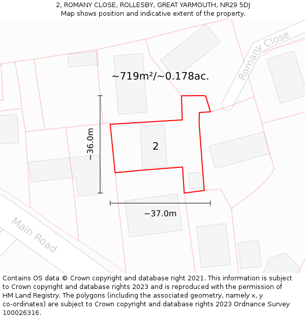 2, ROMANY CLOSE, ROLLESBY, GREAT YARMOUTH, NR29 5DJ: Plot and title map
