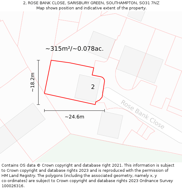 2, ROSE BANK CLOSE, SARISBURY GREEN, SOUTHAMPTON, SO31 7NZ: Plot and title map