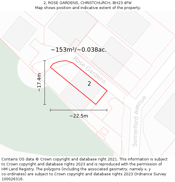 2, ROSE GARDENS, CHRISTCHURCH, BH23 4FW: Plot and title map