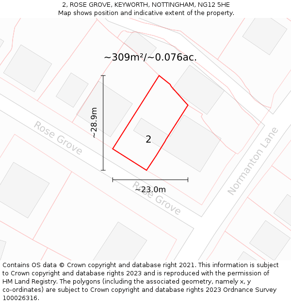 2, ROSE GROVE, KEYWORTH, NOTTINGHAM, NG12 5HE: Plot and title map