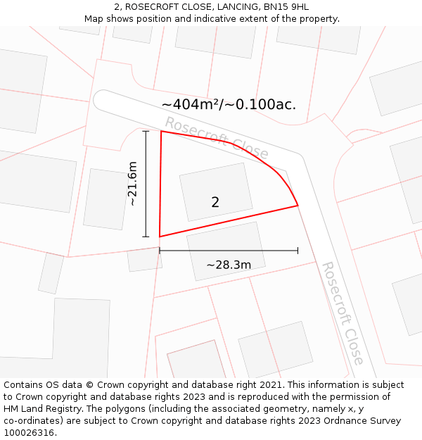 2, ROSECROFT CLOSE, LANCING, BN15 9HL: Plot and title map