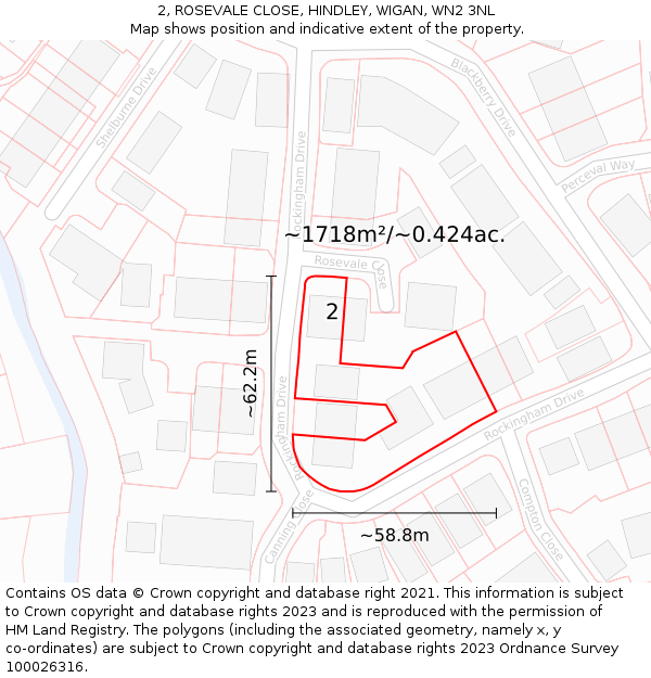 2, ROSEVALE CLOSE, HINDLEY, WIGAN, WN2 3NL: Plot and title map