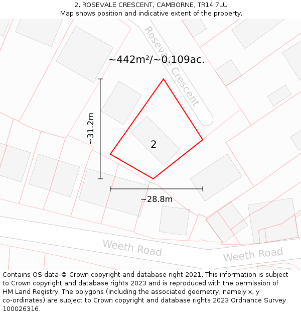 2, ROSEVALE CRESCENT, CAMBORNE, TR14 7LU: Plot and title map