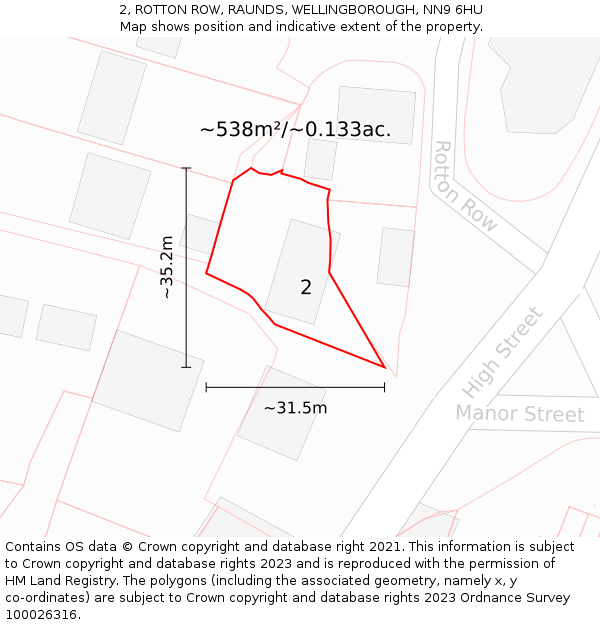 2, ROTTON ROW, RAUNDS, WELLINGBOROUGH, NN9 6HU: Plot and title map