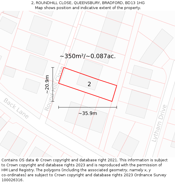 2, ROUNDHILL CLOSE, QUEENSBURY, BRADFORD, BD13 1HG: Plot and title map