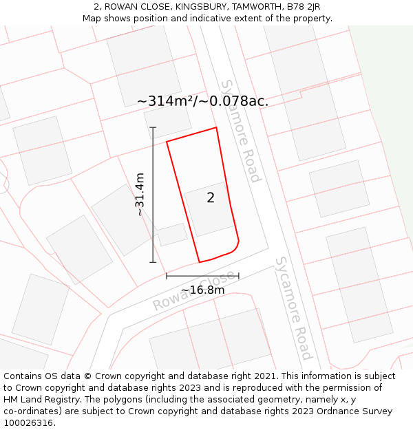 2, ROWAN CLOSE, KINGSBURY, TAMWORTH, B78 2JR: Plot and title map