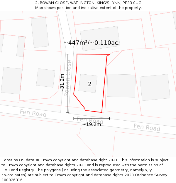 2, ROWAN CLOSE, WATLINGTON, KING'S LYNN, PE33 0UG: Plot and title map