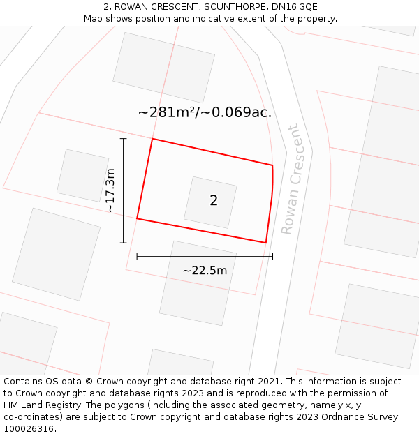 2, ROWAN CRESCENT, SCUNTHORPE, DN16 3QE: Plot and title map
