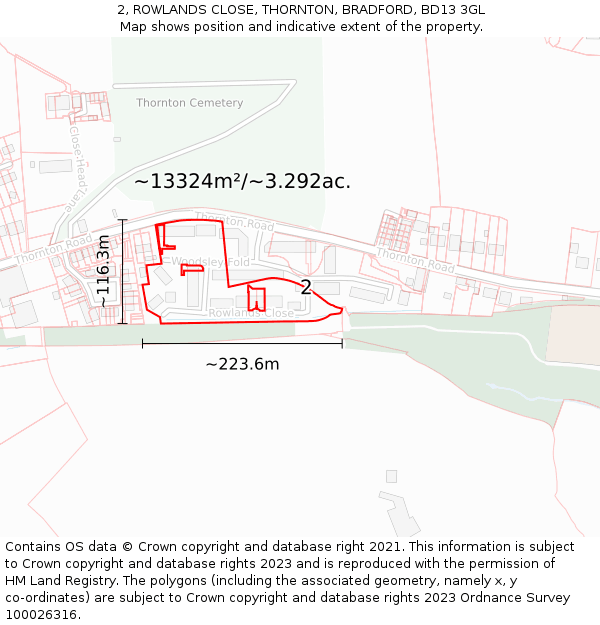 2, ROWLANDS CLOSE, THORNTON, BRADFORD, BD13 3GL: Plot and title map