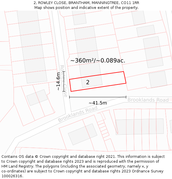 2, ROWLEY CLOSE, BRANTHAM, MANNINGTREE, CO11 1RR: Plot and title map