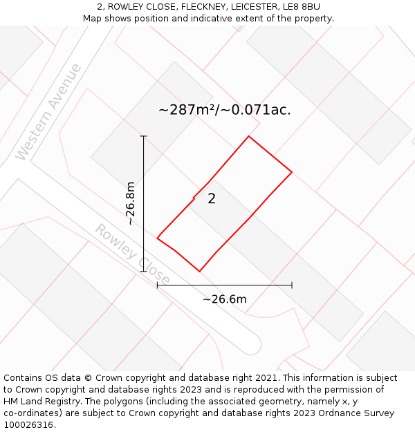2, ROWLEY CLOSE, FLECKNEY, LEICESTER, LE8 8BU: Plot and title map