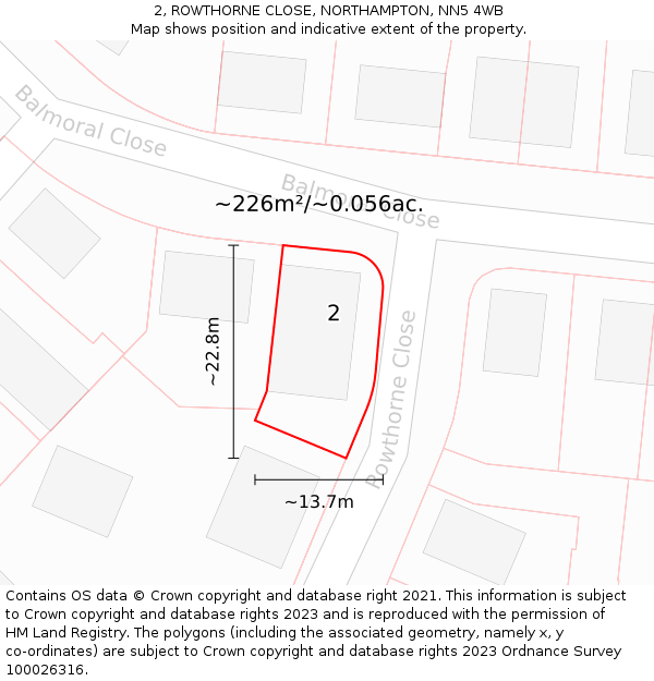 2, ROWTHORNE CLOSE, NORTHAMPTON, NN5 4WB: Plot and title map