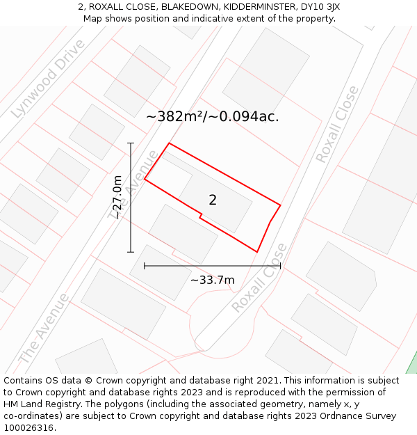 2, ROXALL CLOSE, BLAKEDOWN, KIDDERMINSTER, DY10 3JX: Plot and title map