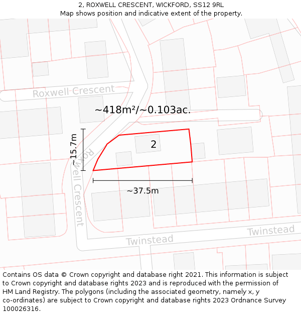 2, ROXWELL CRESCENT, WICKFORD, SS12 9RL: Plot and title map