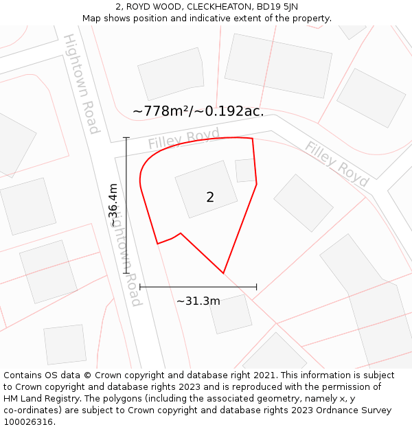 2, ROYD WOOD, CLECKHEATON, BD19 5JN: Plot and title map