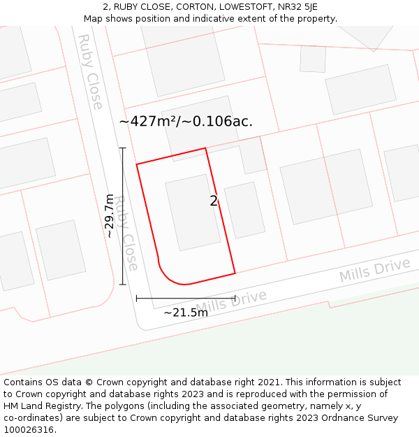 2, RUBY CLOSE, CORTON, LOWESTOFT, NR32 5JE: Plot and title map