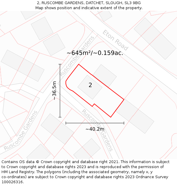 2, RUSCOMBE GARDENS, DATCHET, SLOUGH, SL3 9BG: Plot and title map