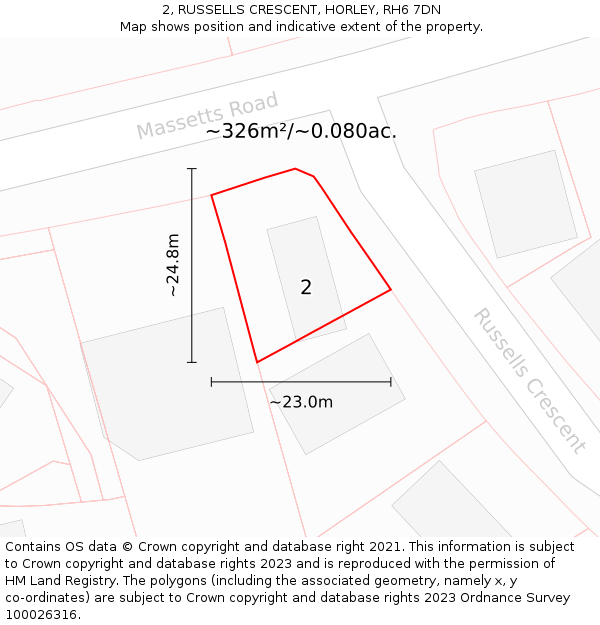 2, RUSSELLS CRESCENT, HORLEY, RH6 7DN: Plot and title map