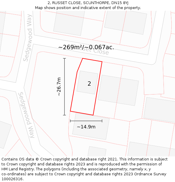 2, RUSSET CLOSE, SCUNTHORPE, DN15 8YJ: Plot and title map