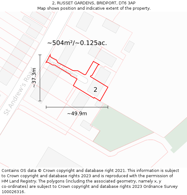 2, RUSSET GARDENS, BRIDPORT, DT6 3AP: Plot and title map