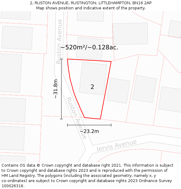 2, RUSTON AVENUE, RUSTINGTON, LITTLEHAMPTON, BN16 2AP: Plot and title map