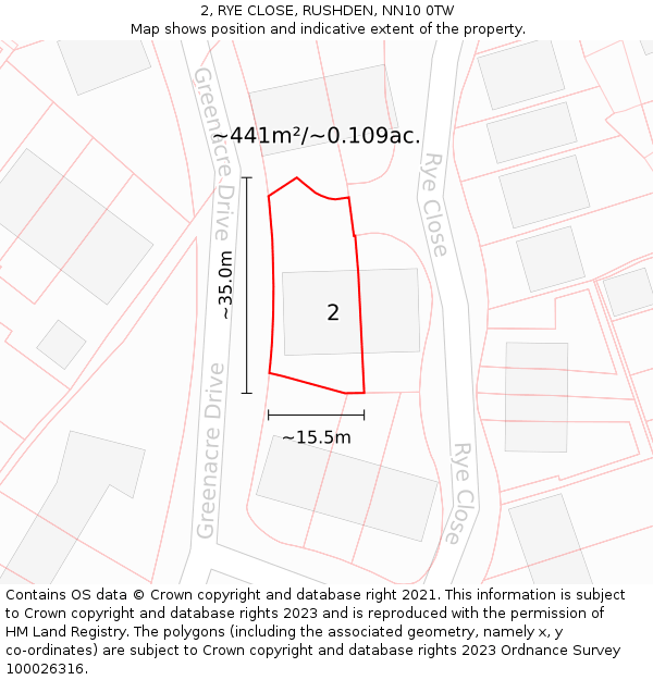 2, RYE CLOSE, RUSHDEN, NN10 0TW: Plot and title map