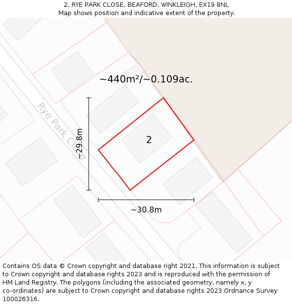 2, RYE PARK CLOSE, BEAFORD, WINKLEIGH, EX19 8NL: Plot and title map