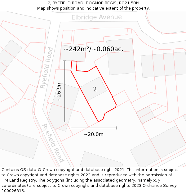 2, RYEFIELD ROAD, BOGNOR REGIS, PO21 5BN: Plot and title map