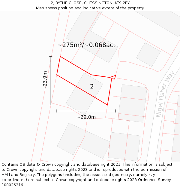 2, RYTHE CLOSE, CHESSINGTON, KT9 2RY: Plot and title map