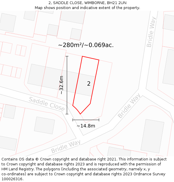 2, SADDLE CLOSE, WIMBORNE, BH21 2UN: Plot and title map