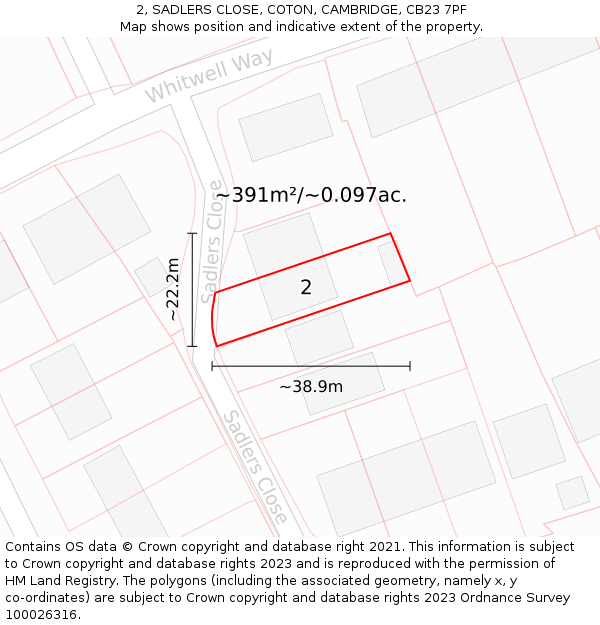 2, SADLERS CLOSE, COTON, CAMBRIDGE, CB23 7PF: Plot and title map
