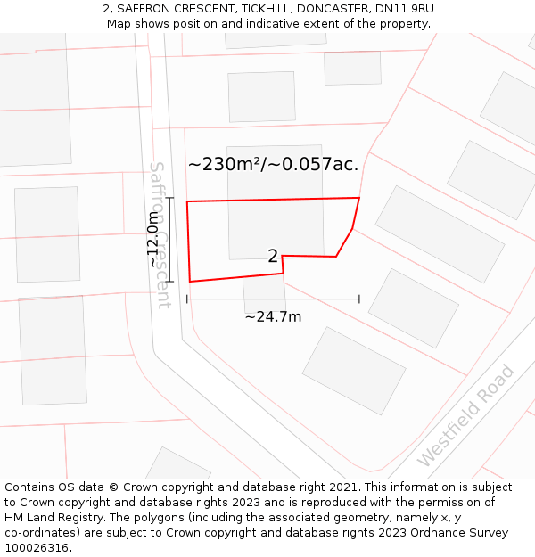 2, SAFFRON CRESCENT, TICKHILL, DONCASTER, DN11 9RU: Plot and title map