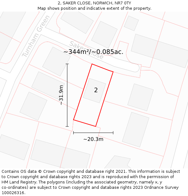2, SAKER CLOSE, NORWICH, NR7 0TY: Plot and title map