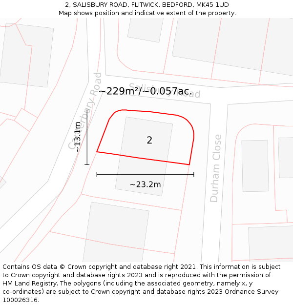 2, SALISBURY ROAD, FLITWICK, BEDFORD, MK45 1UD: Plot and title map
