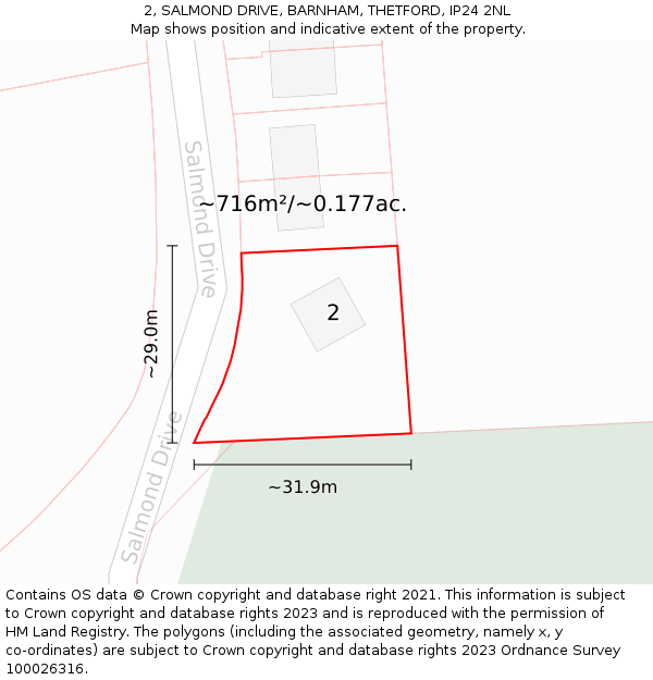 2, SALMOND DRIVE, BARNHAM, THETFORD, IP24 2NL: Plot and title map
