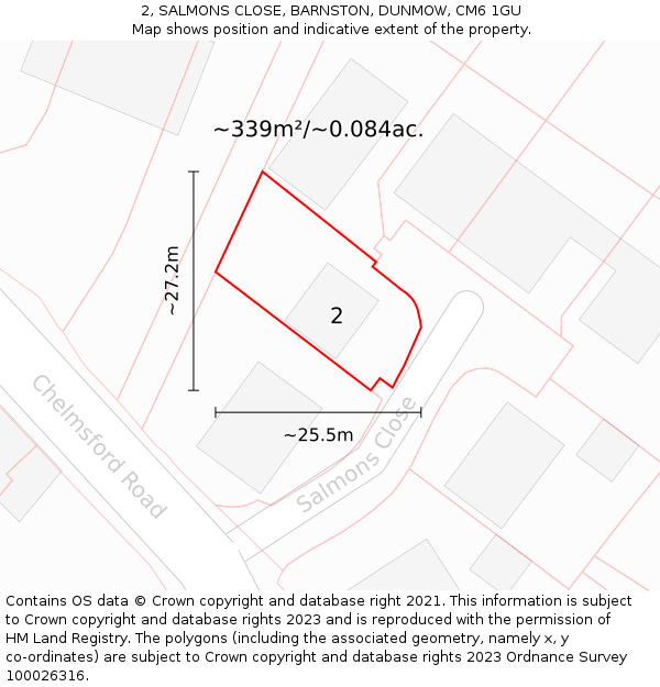 2, SALMONS CLOSE, BARNSTON, DUNMOW, CM6 1GU: Plot and title map