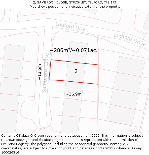 2, SAMBROOK CLOSE, STIRCHLEY, TELFORD, TF3 1RT: Plot and title map