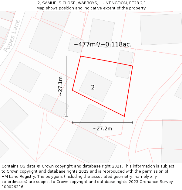 2, SAMUELS CLOSE, WARBOYS, HUNTINGDON, PE28 2JF: Plot and title map