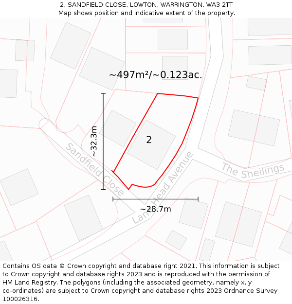 2, SANDFIELD CLOSE, LOWTON, WARRINGTON, WA3 2TT: Plot and title map