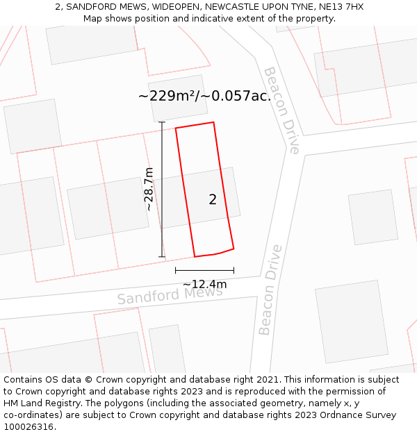 2, SANDFORD MEWS, WIDEOPEN, NEWCASTLE UPON TYNE, NE13 7HX: Plot and title map