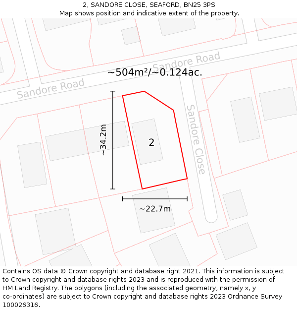 2, SANDORE CLOSE, SEAFORD, BN25 3PS: Plot and title map