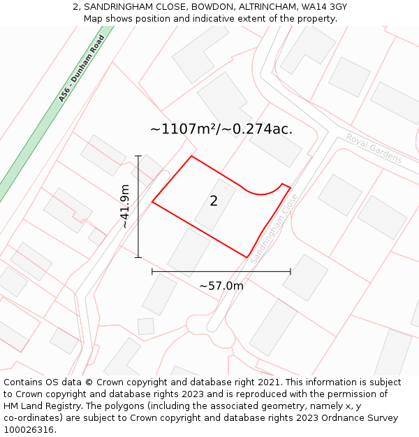 2, SANDRINGHAM CLOSE, BOWDON, ALTRINCHAM, WA14 3GY: Plot and title map