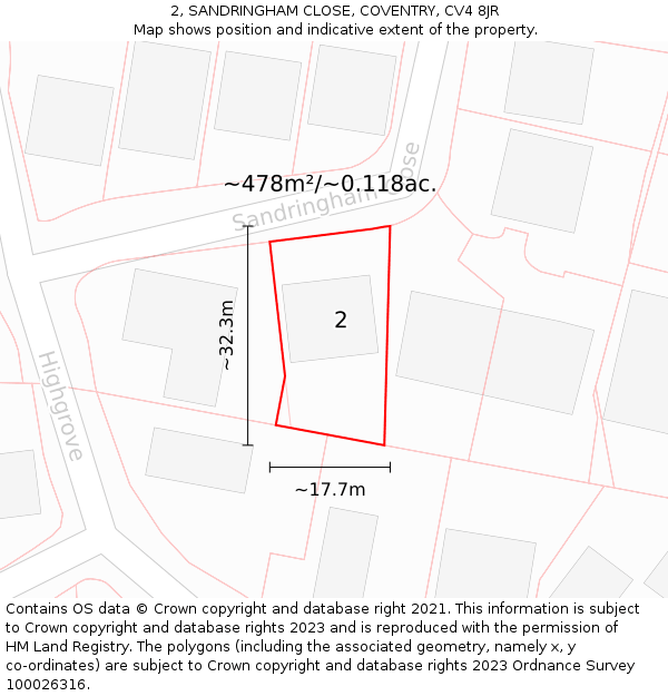 2, SANDRINGHAM CLOSE, COVENTRY, CV4 8JR: Plot and title map