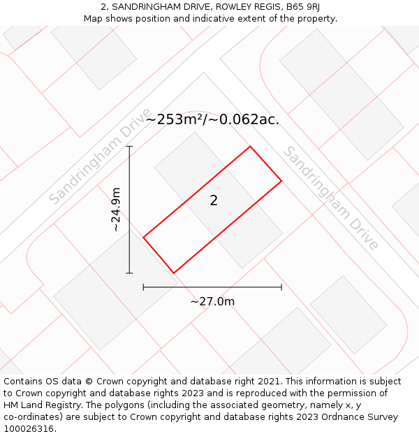2, SANDRINGHAM DRIVE, ROWLEY REGIS, B65 9RJ: Plot and title map