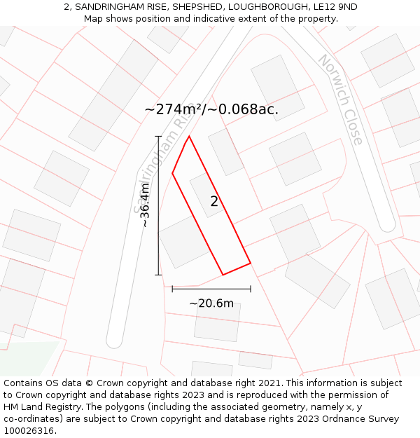 2, SANDRINGHAM RISE, SHEPSHED, LOUGHBOROUGH, LE12 9ND: Plot and title map